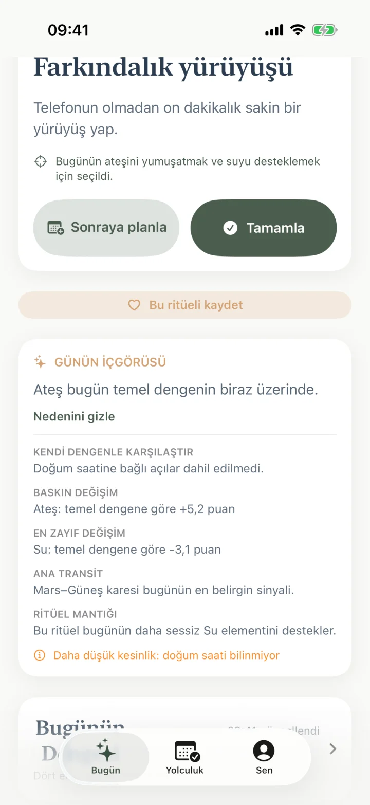 Günlük element değişimlerini açıklayan Elementa Derin İçgörü ekranı