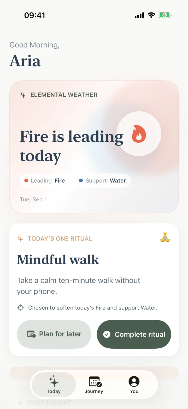 Elementa Today screen showing personal elemental weather and a daily ritual