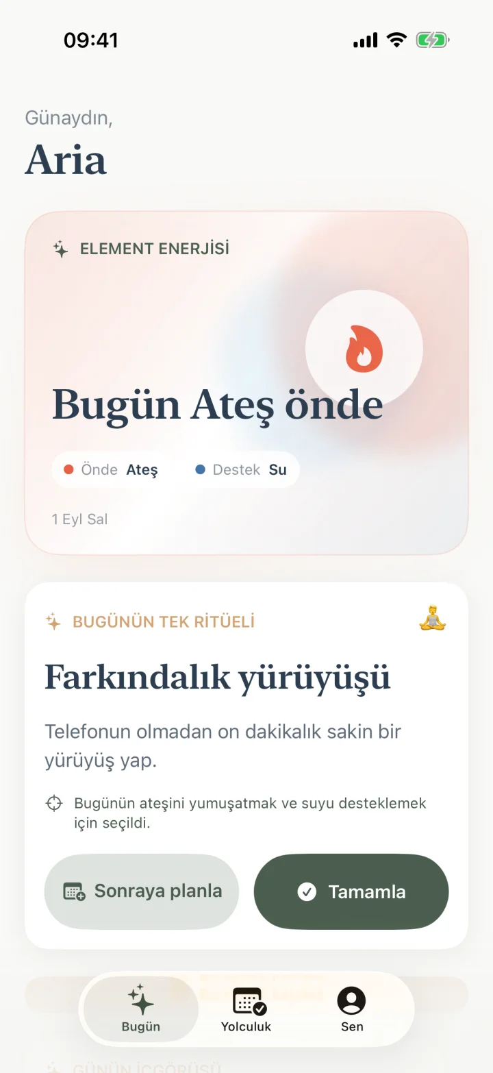 Kişisel element havası ve günlük ritüel gösteren Elementa Bugün ekranı